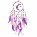 Atrapasueños colgante 35 x 80 cm con plumas morado rosa y blanco estilo luna y estrella