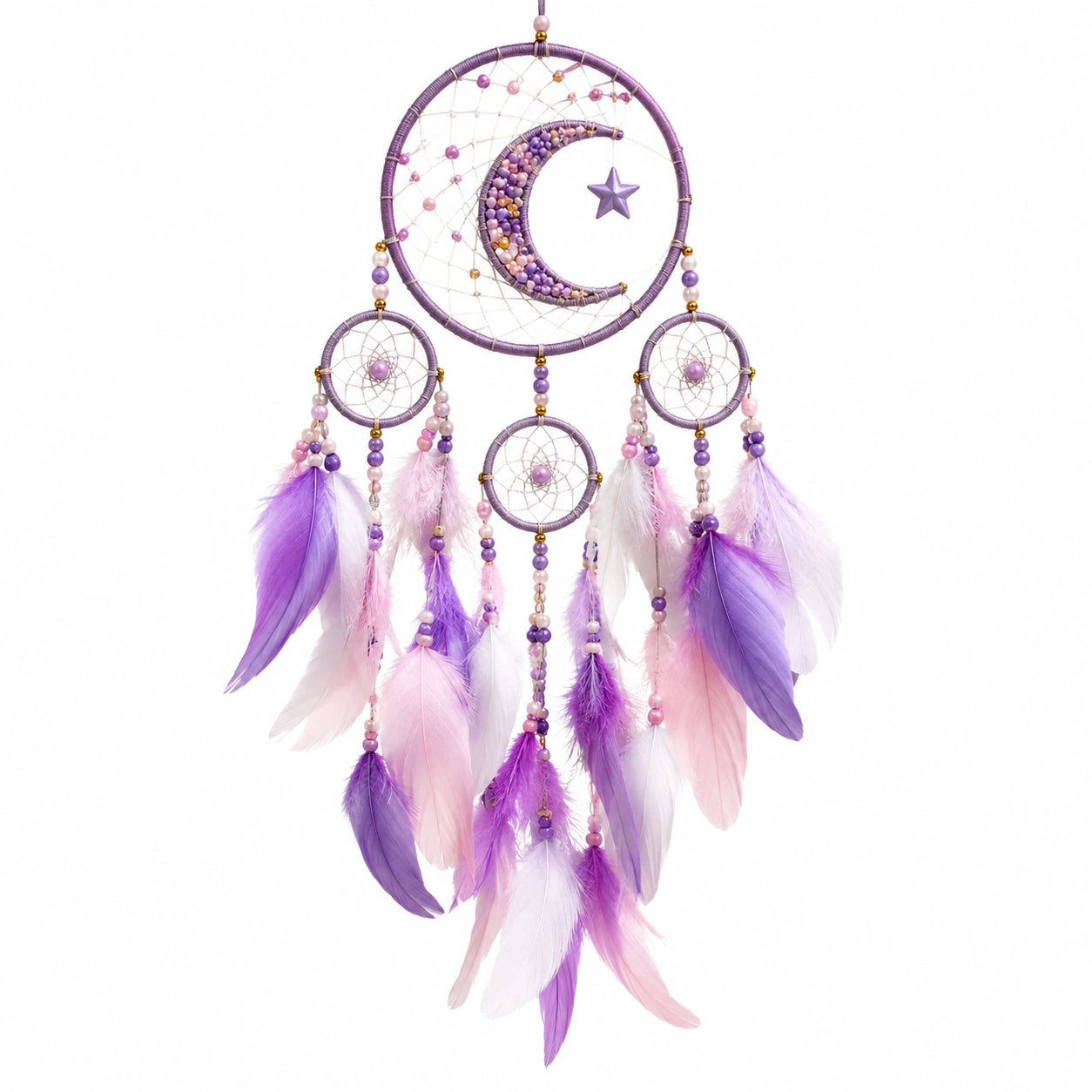 Atrapasueños colgante 35 x 80 cm con plumas morado rosa y blanco estilo luna y estrella