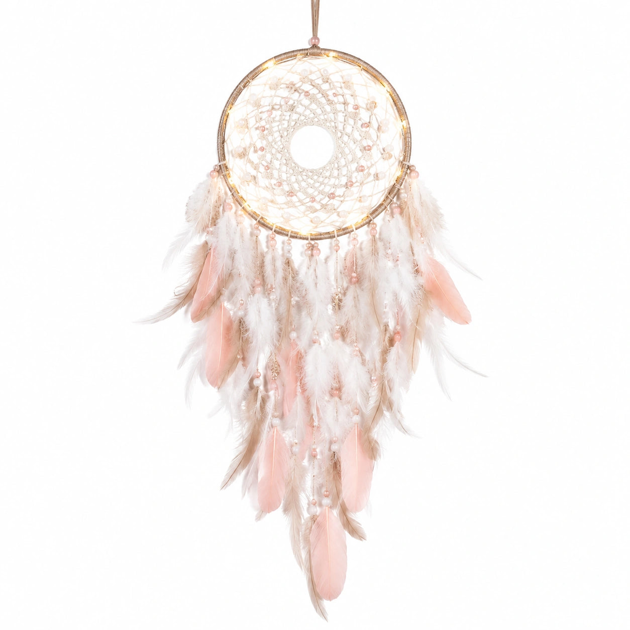 Atrapasueños 20 x 55 cm de plumas beige y rosa - decoración colgante tejida