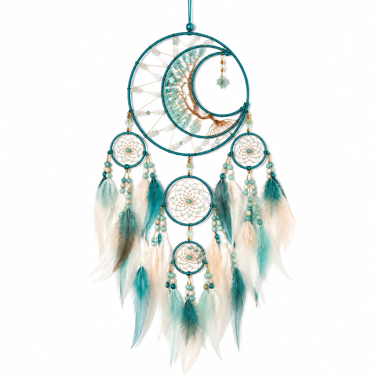 Atrapasueños colgante 40 x 90 cm de metal y cordón turquesa blanco para decoración bohemia