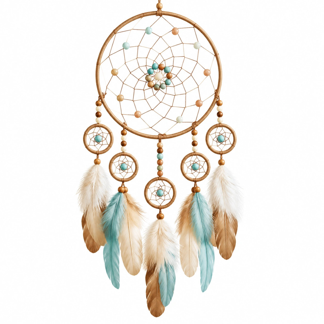 Atrapasueños decorativo 40 x 100 cm en cordón beige con plumas turquesa estilo bohemio