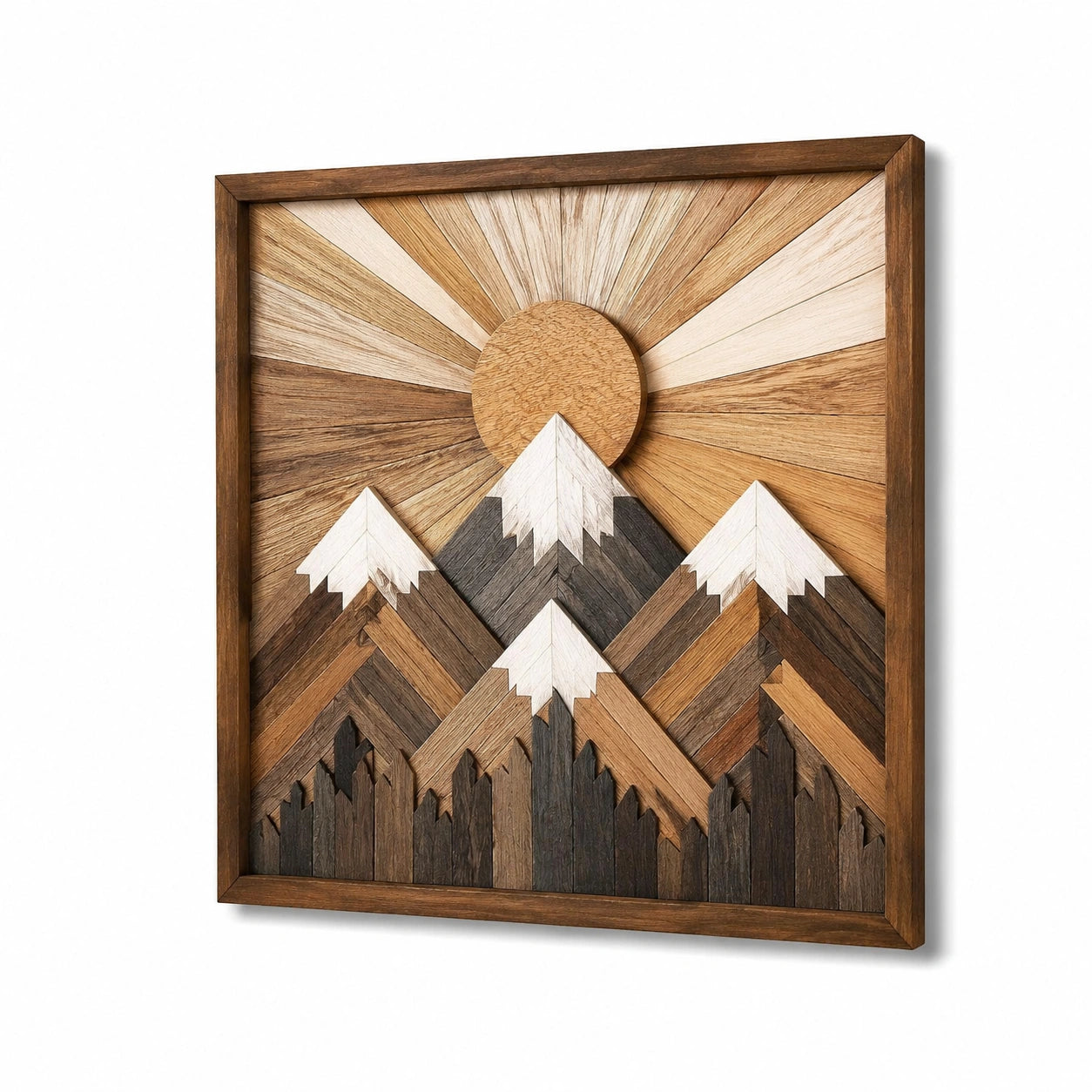 Cuadro de pared 60 x 60 cm de madera marrón en relieve con montañas