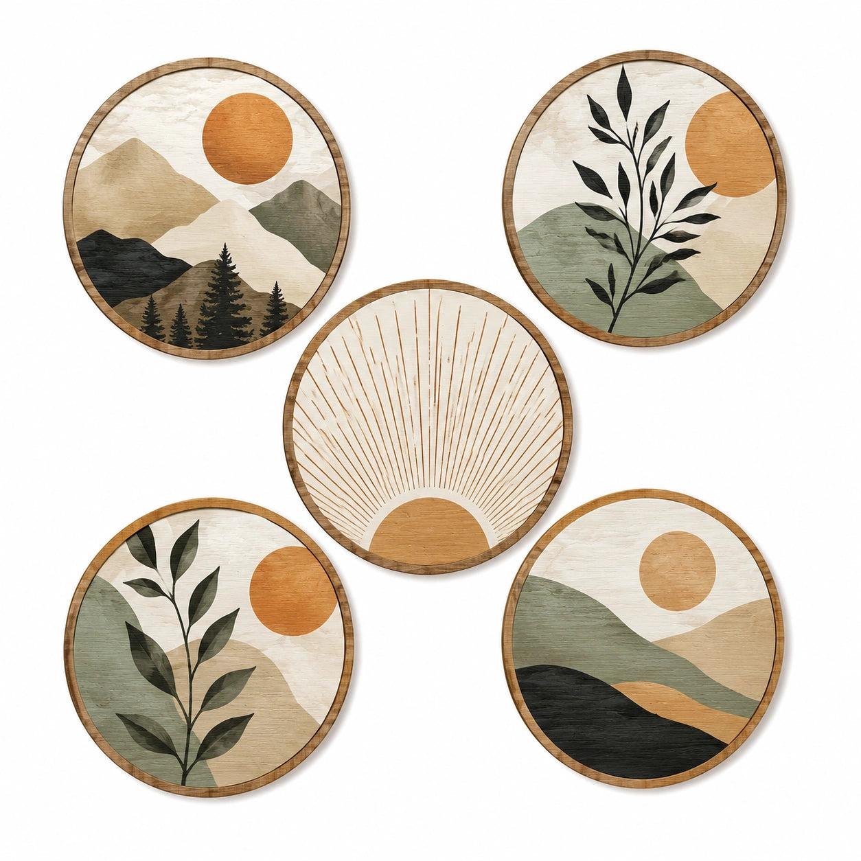 Set de 5 decoraciones de pared redondas 30 cm de madera multicolor estilo natural