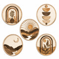 Set de 5 decoraciones de pared redondas 30 cm de madera beige y marrón - relieve geométrico y botánico