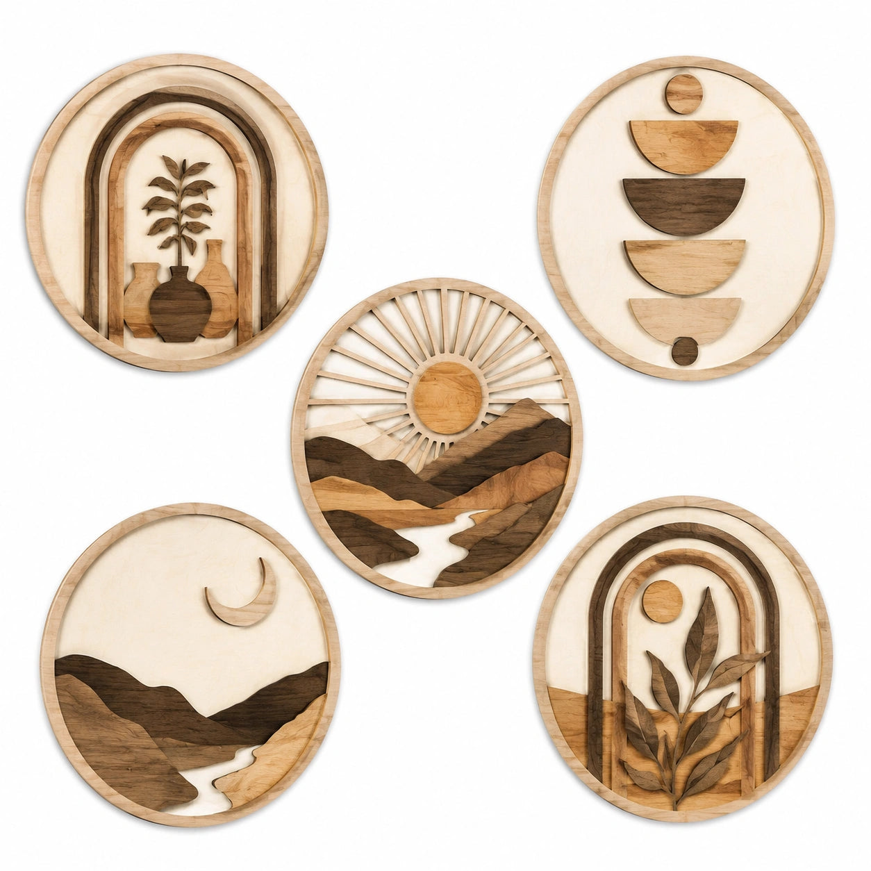 Set de 5 decoraciones de pared redondas 30 cm de madera beige y marrón - relieve geométrico y botánico
