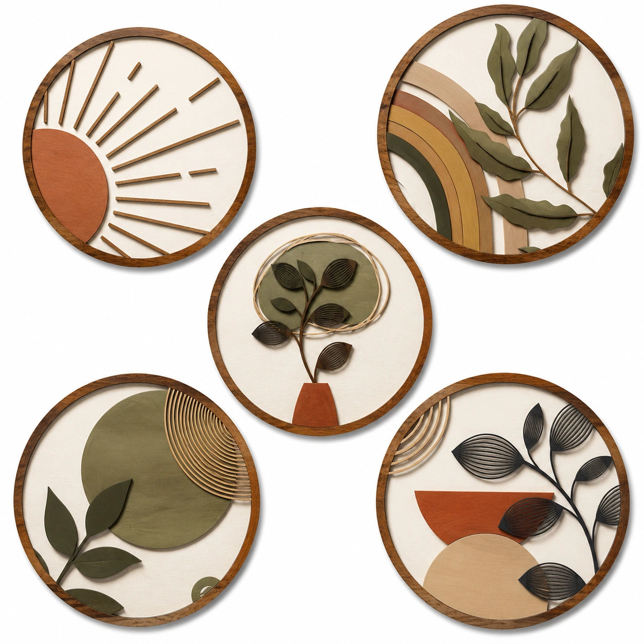 Decoración de pared de madera 5 piezas diámetro 30 cm multicolor estilo botánico