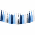 Guirnalda de borlas 200 cm de papel azul marino azul claro blanco y plateado decoración colgante