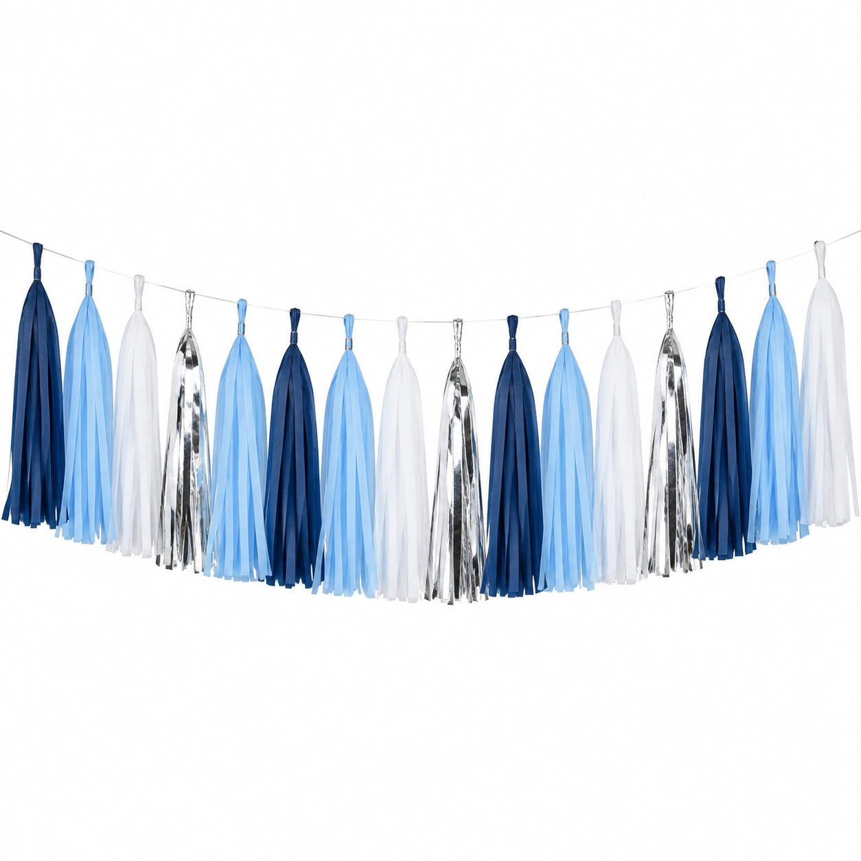 Guirnalda de borlas 200 cm de papel azul marino azul claro blanco y plateado decoración colgante