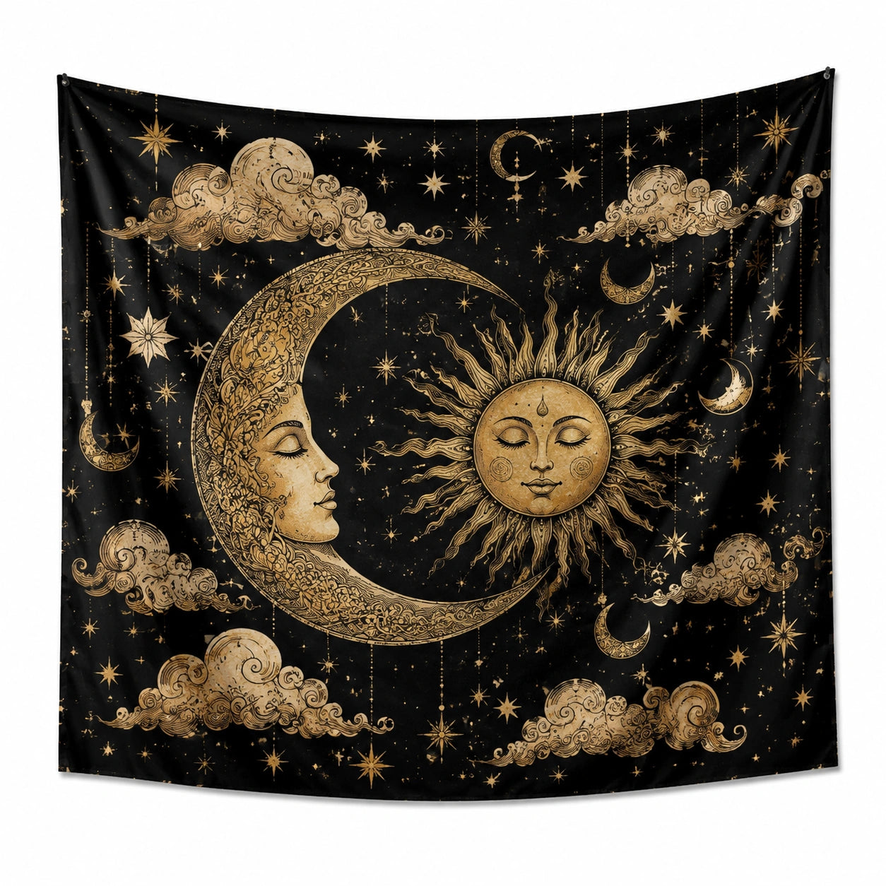 Tapiz decorativo 150 x 150 cm de poliéster negro y dorado con sol y luna estilo celestial