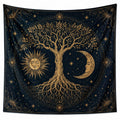 Tapiz de pared 150 x 130 cm de poliéster negro y dorado con árbol celeste para decoración bohemia