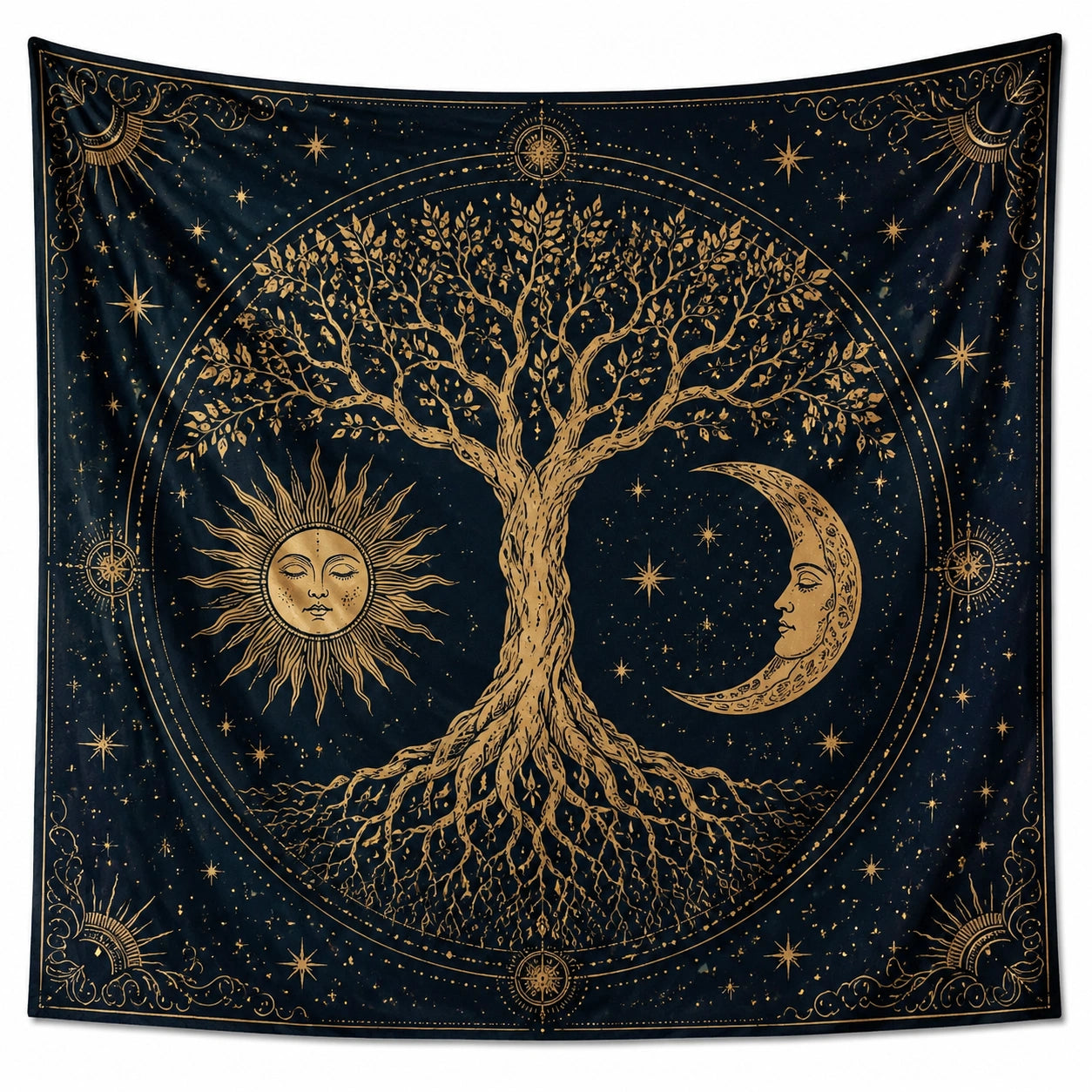 Tapiz de pared 150 x 130 cm de poliéster negro y dorado con árbol celeste para decoración bohemia