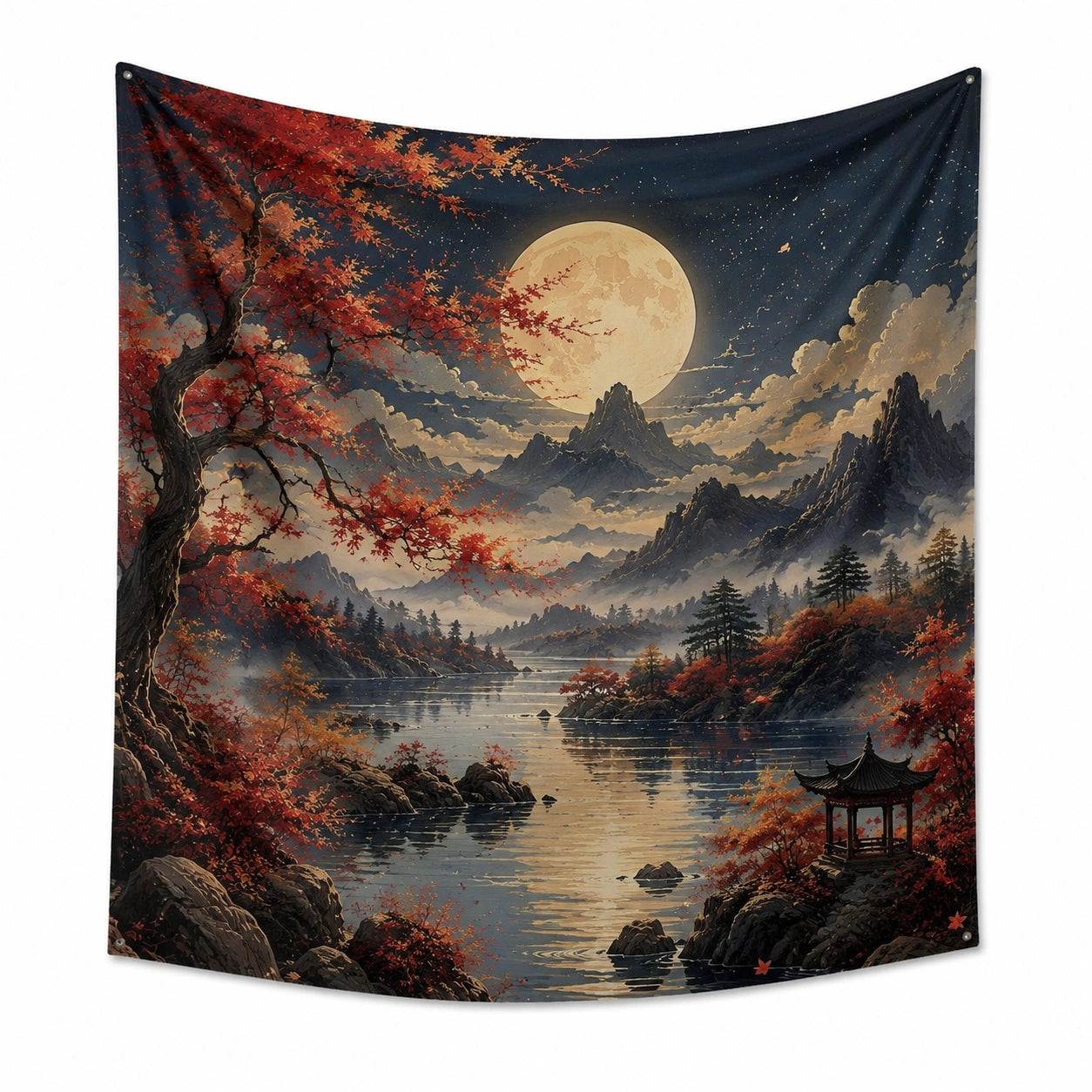 Tapiz de pared 150 x 150 cm de poliéster azul marino y rojo con paisaje nocturno decorativo