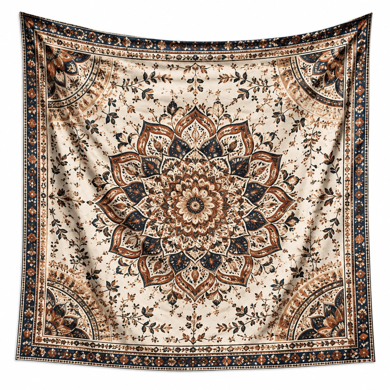 Tapiz de pared 150 x 150 cm de poliéster beige azul y terracota con mandala floral bohemio