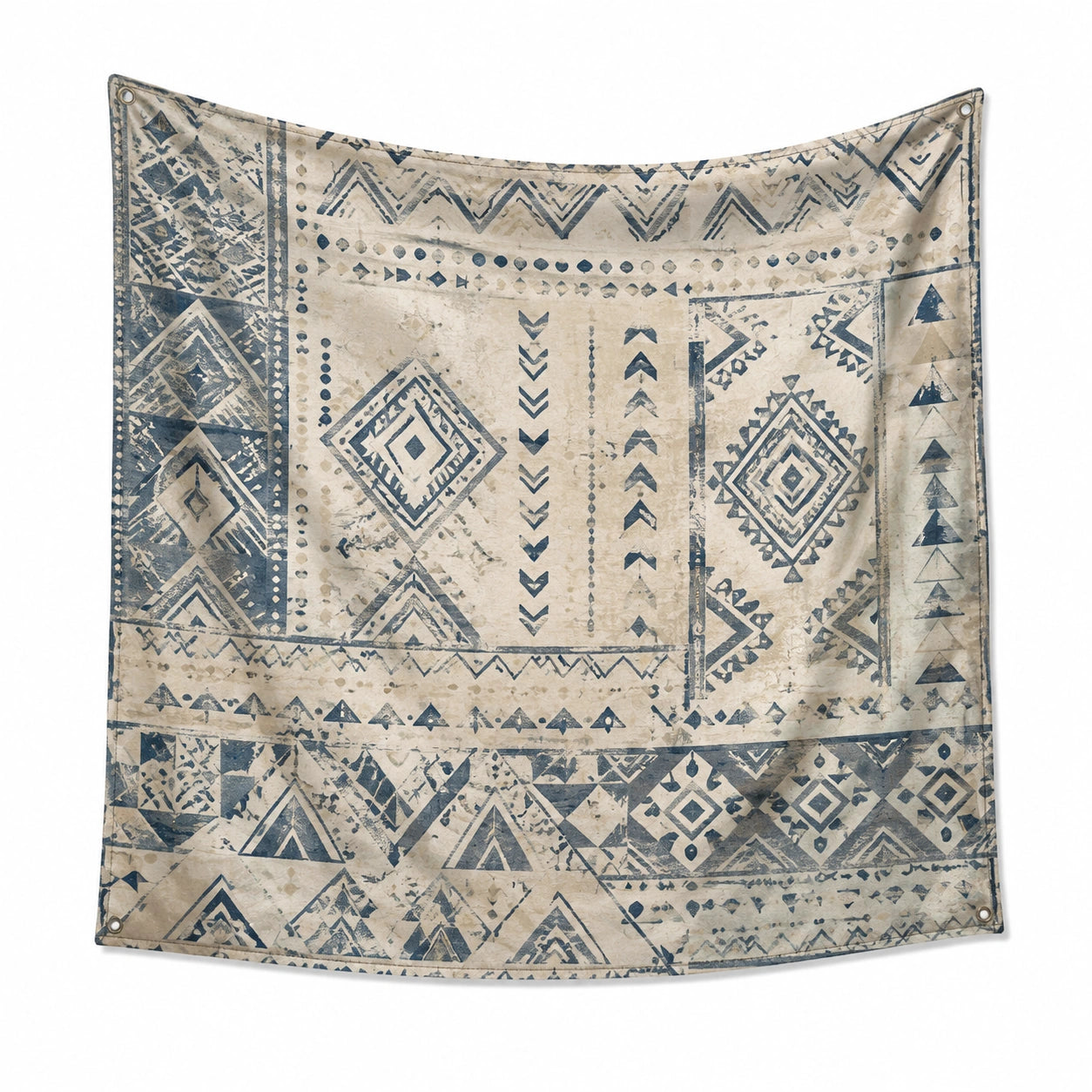 Tapiz de pared 150 x 130 cm de poliéster beige y azul con estampado geométrico bohemio