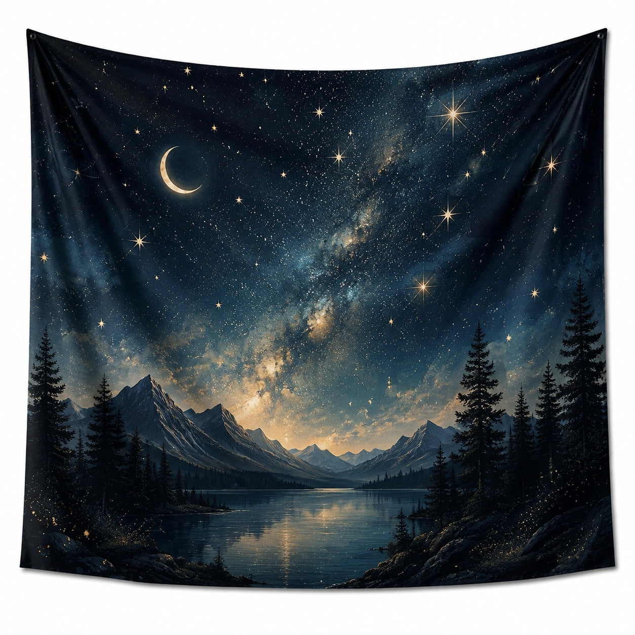 Tapiz de pared 150 x 130 cm de poliéster azul oscuro con paisaje nocturno