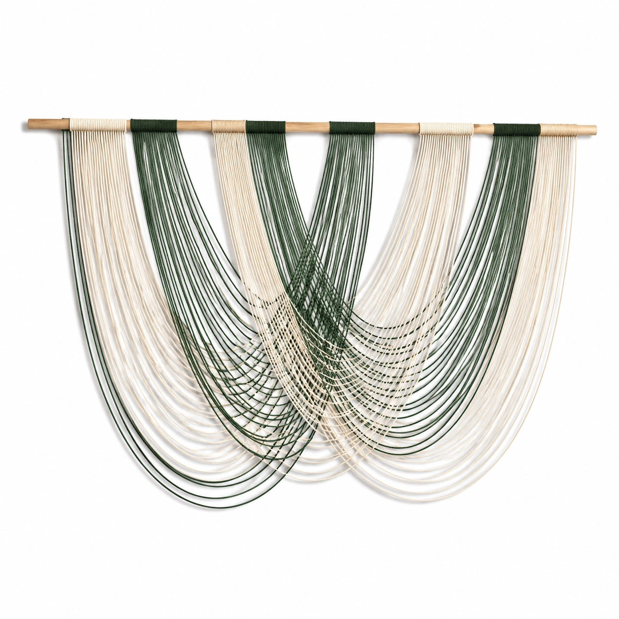 Tapiz de pared 120 x 100 cm de cordón textil verde y beige con barra de madera estilo bohemio
