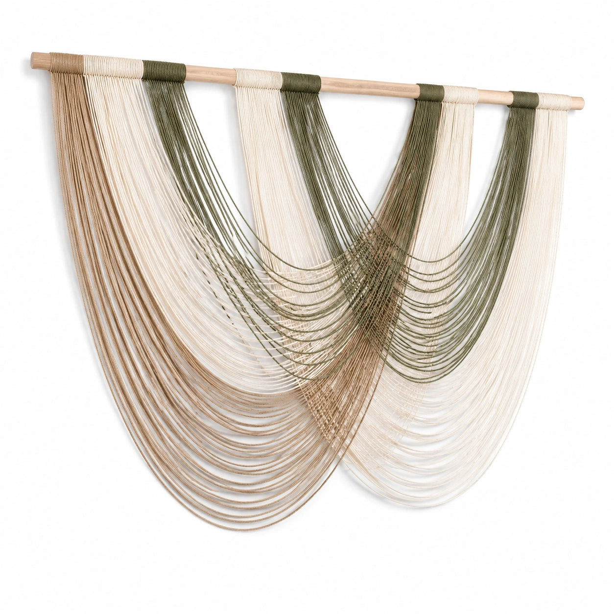 Tapiz de pared 100 x 100 cm de cuerda de algodón beige y verde con varilla de madera estilo bohemio