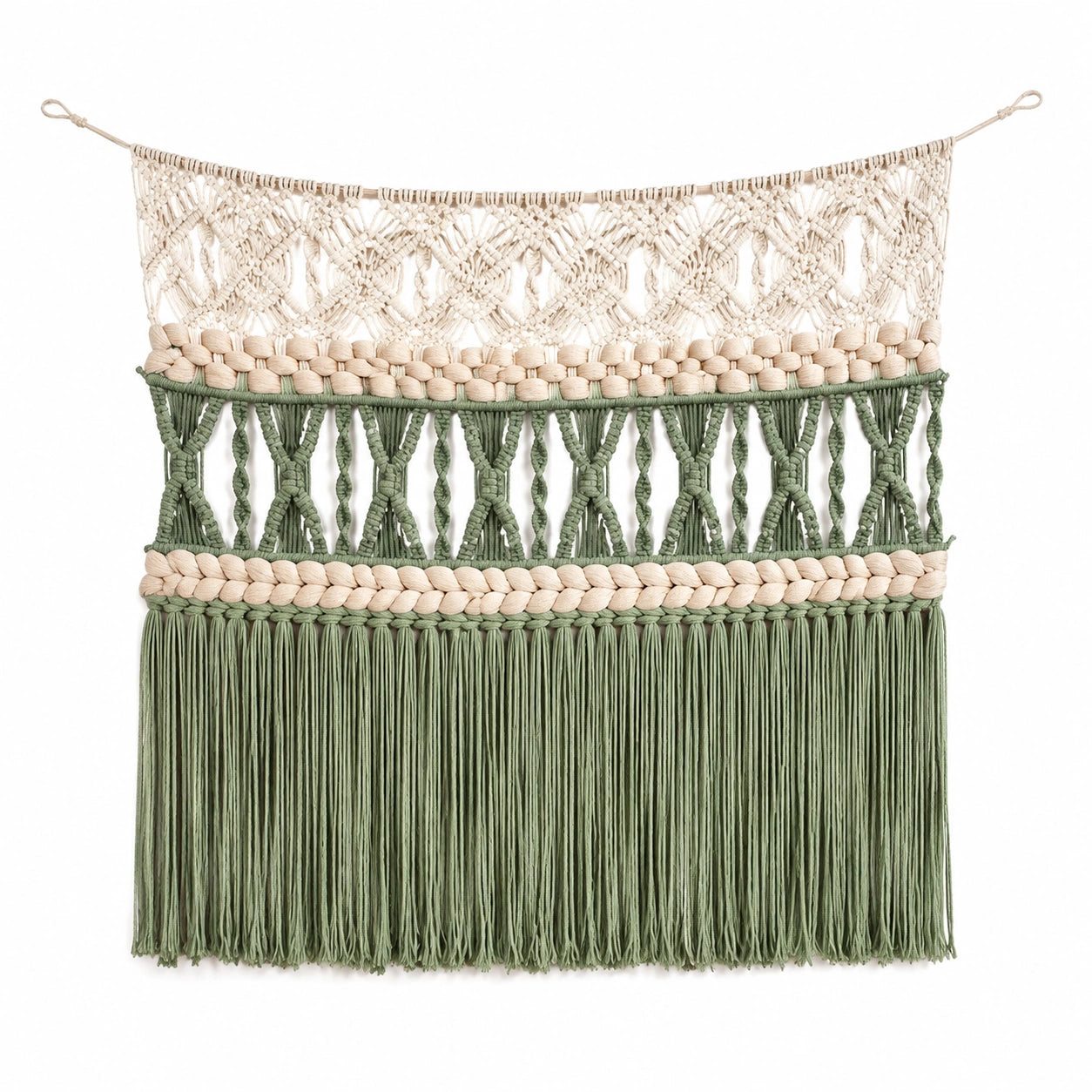 Tapiz de pared 50 x 75 cm de cuerda textil verde y beige estilo bohemio con flecos