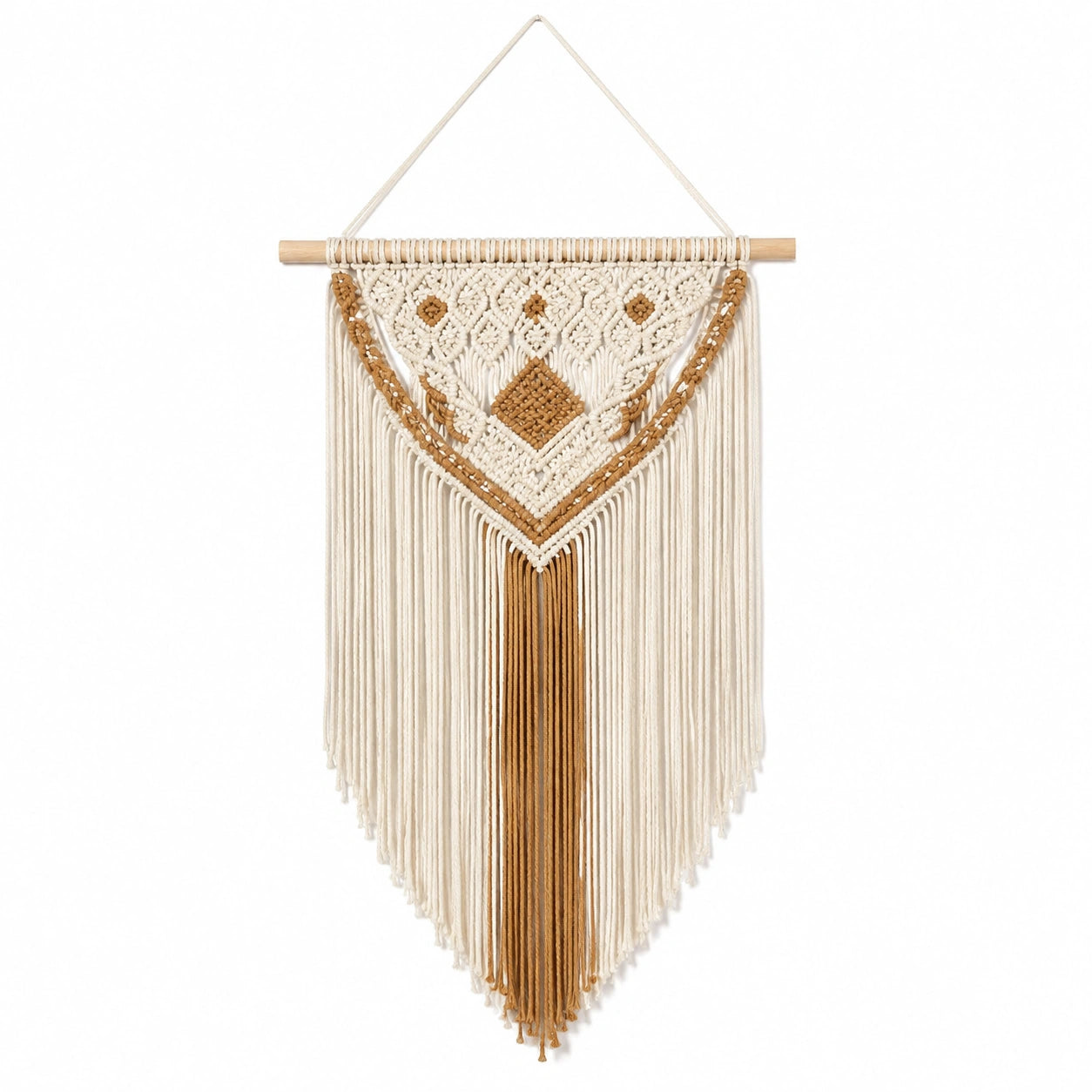 Tapiz de pared 45 x 80 cm de cordón textil beige y marrón con flecos estilo bohemio