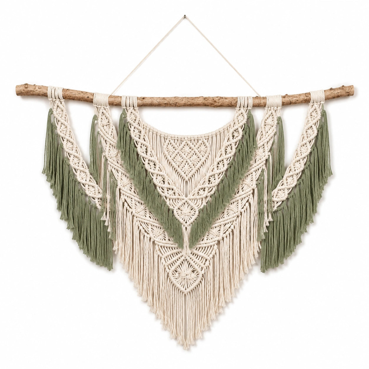 Tapiz de pared de macramé 100x90 cm de algodón verde/beige estilo bohemio