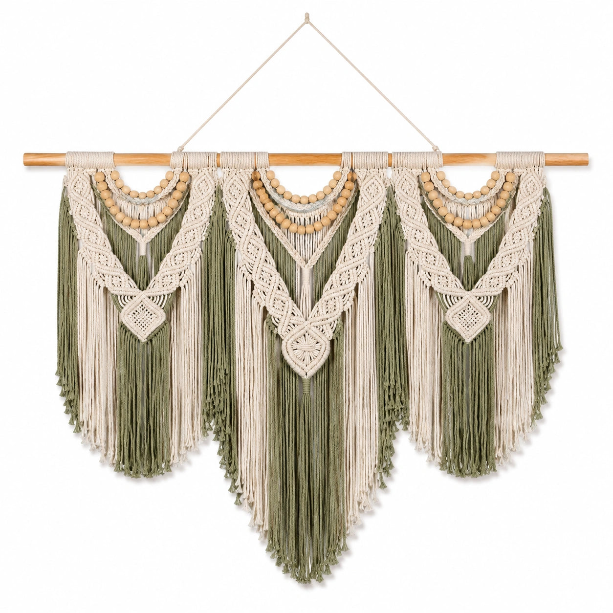 Tapiz de pared de macramé 120 x 100 cm de algodón verde y beige estilo bohemio