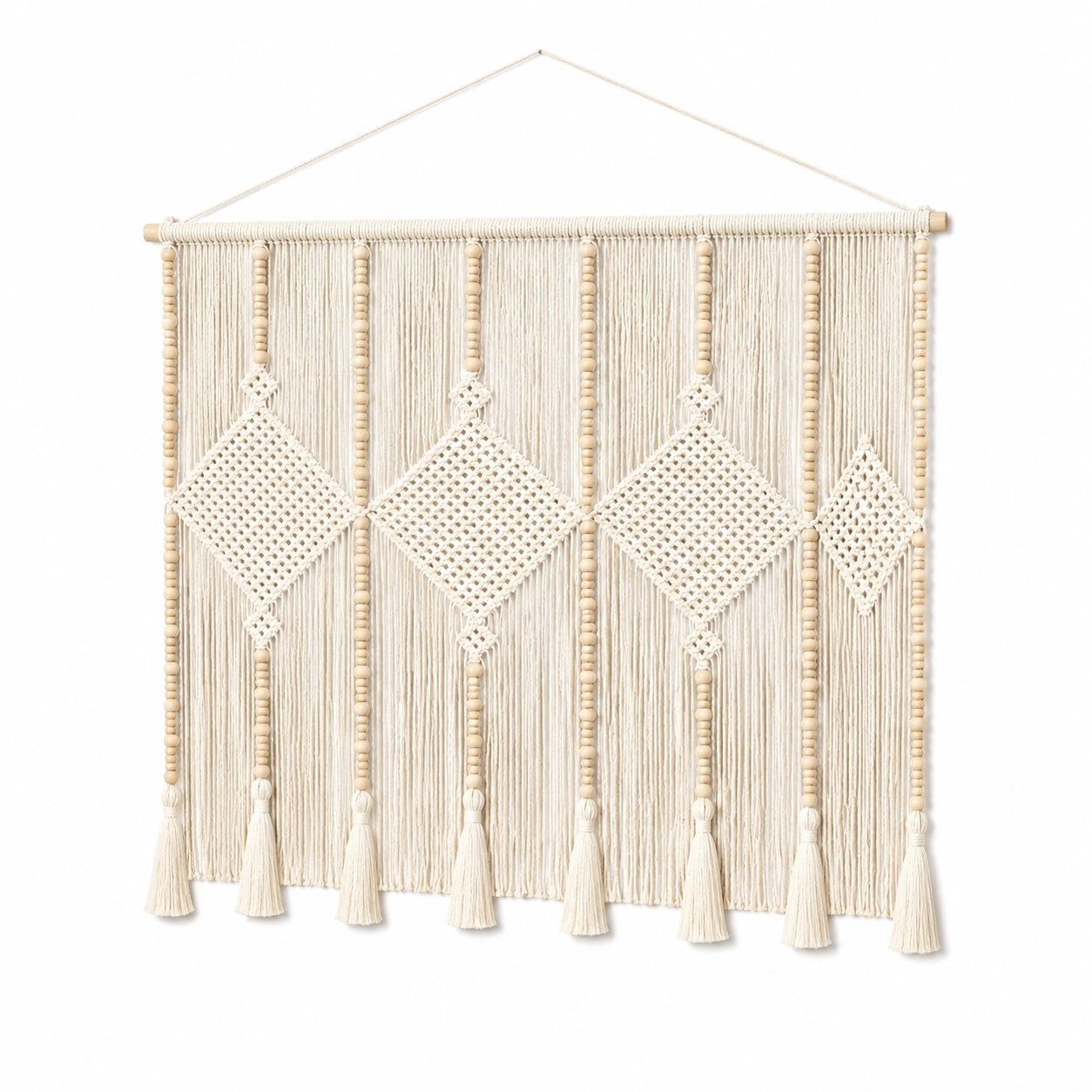 Tapiz de pared de macramé 100 x 100 cm de algodón beige con flecos estilo bohemio